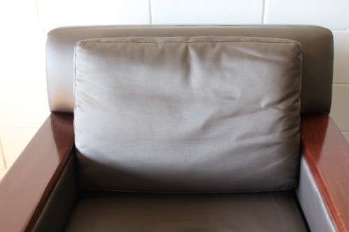 **RS17** Mid-century style Scandinavian club chair w/ mahogany armrests in brown leather-feel fabric