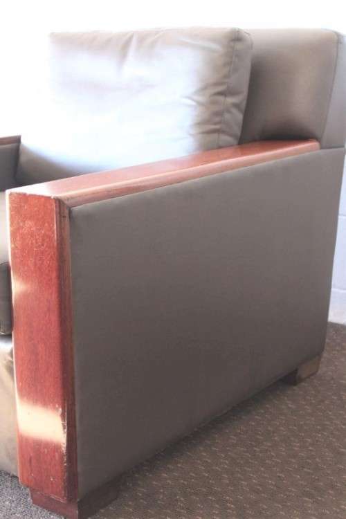 **RS17** Mid-century style Scandinavian club chair w/ mahogany armrests in brown leather-feel fabric