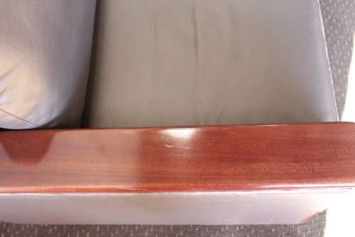 **RS17** Mid-century style Scandinavian club chair w/ mahogany armrests in brown leather-feel fabric