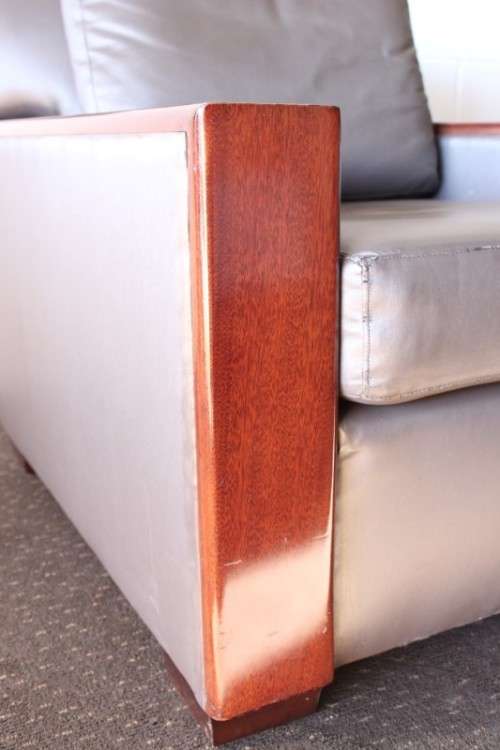 **RS17** Mid-century style Scandinavian club chair w/ mahogany armrests in brown leather-feel fabric