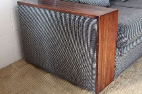 A stylish black and grey combination "Moxi "double-sleeper couch with wooden armrests & cushions