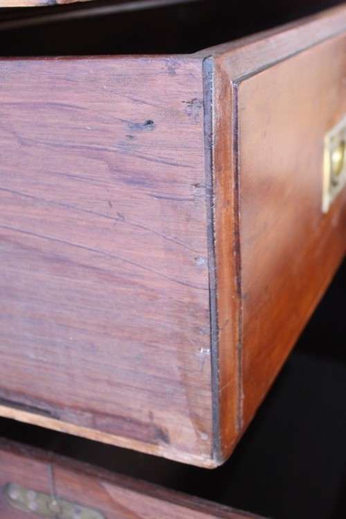A rare antique Victorian "Campaign Furniture" 3-drawer chest of drawers w/ brass inlaid handles