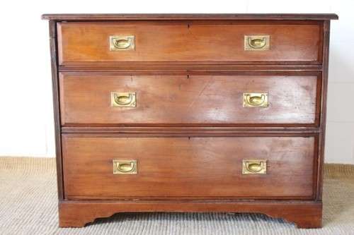 A rare antique Victorian "Campaign Furniture" 3-drawer chest of drawers w/ brass inlaid handles