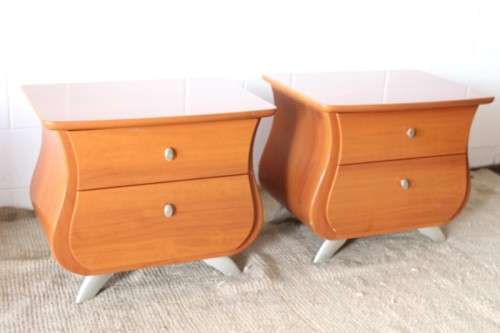 A gorgeous pair of modern Bombe style 2-drawer pedestals/ bedside tables with metal feet & handles