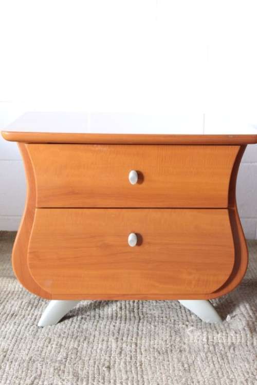 A gorgeous pair of modern Bombe style 2-drawer pedestals/ bedside tables with metal feet & handles