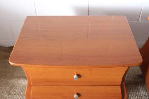 A gorgeous pair of modern Bombe style 2-drawer pedestals/ bedside tables with metal feet & handles