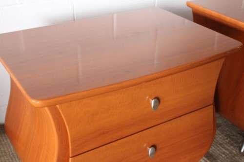A gorgeous pair of modern Bombe style 2-drawer pedestals/ bedside tables with metal feet & handles