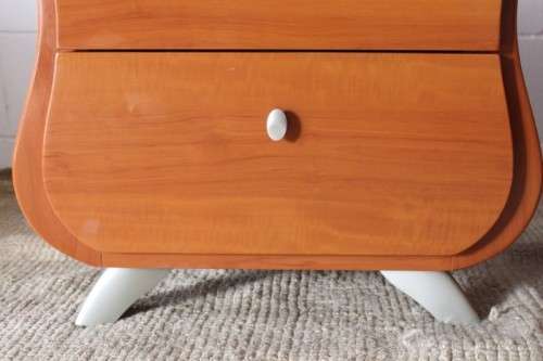 A gorgeous pair of modern Bombe style 2-drawer pedestals/ bedside tables with metal feet & handles