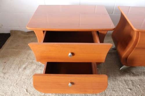 A gorgeous pair of modern Bombe style 2-drawer pedestals/ bedside tables with metal feet & handles