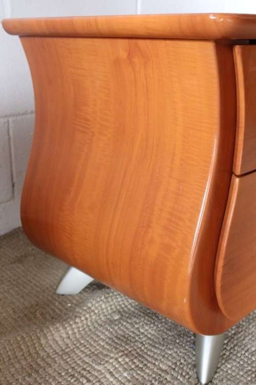 A gorgeous pair of modern Bombe style 2-drawer pedestals/ bedside tables with metal feet & handles