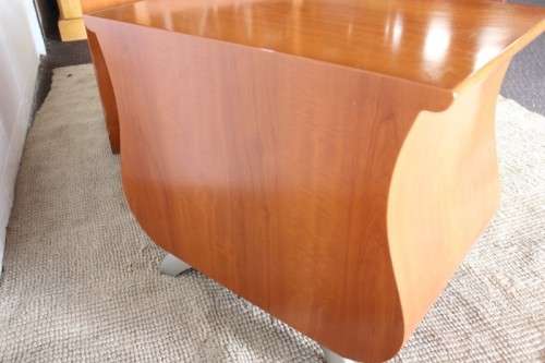 A gorgeous pair of modern Bombe style 2-drawer pedestals/ bedside tables with metal feet & handles