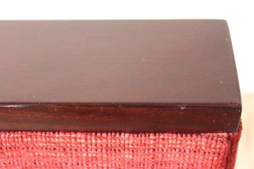 An awesome & stylish mid-century styled red-upholstered club armchair w/ mahogany armrests