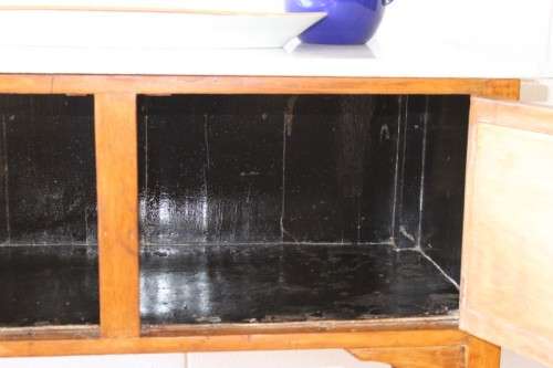 A wonderful vintage solid Oak double door wash stand with a white marble top on castors - stunning!