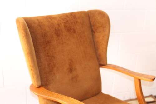 **RS17** Wonderful vintage mid-century solid oak retro-brown period-upholstered wing back armchair