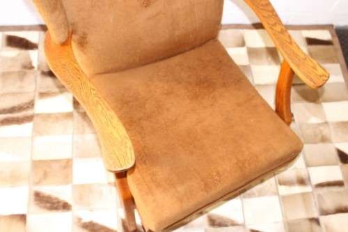 **RS17** Wonderful vintage mid-century solid oak retro-brown period-upholstered wing back armchair