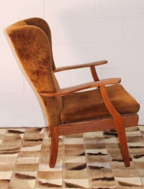 **RS17** Wonderful vintage mid-century solid oak retro-brown period-upholstered wing back armchair