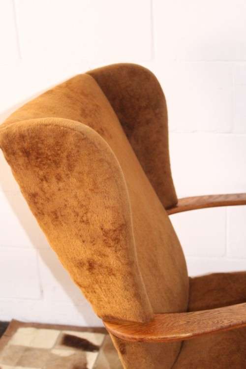 **RS17** Wonderful vintage mid-century solid oak retro-brown period-upholstered wing back armchair
