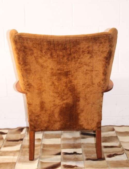 **RS17** Wonderful vintage mid-century solid oak retro-brown period-upholstered wing back armchair