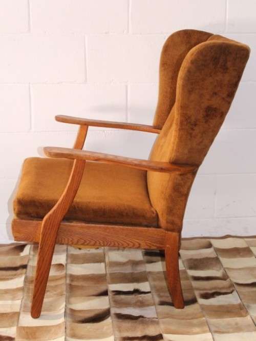 **RS17** Wonderful vintage mid-century solid oak retro-brown period-upholstered wing back armchair
