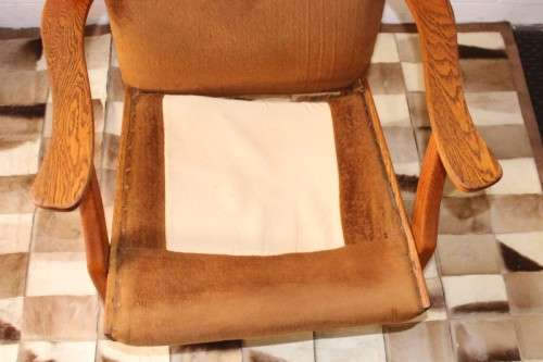 **RS17** Wonderful vintage mid-century solid oak retro-brown period-upholstered wing back armchair