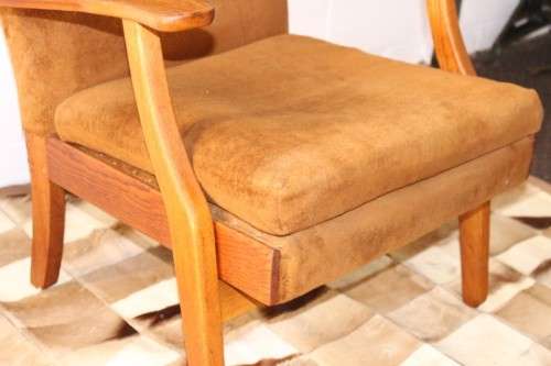 **RS17** Wonderful vintage mid-century solid oak retro-brown period-upholstered wing back armchair