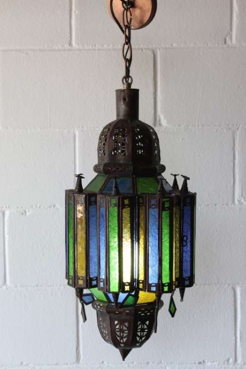 2x exquisite (large 53cm) Moroccan/ North African handmade ceiling lights w/ glass panels -bid/light
