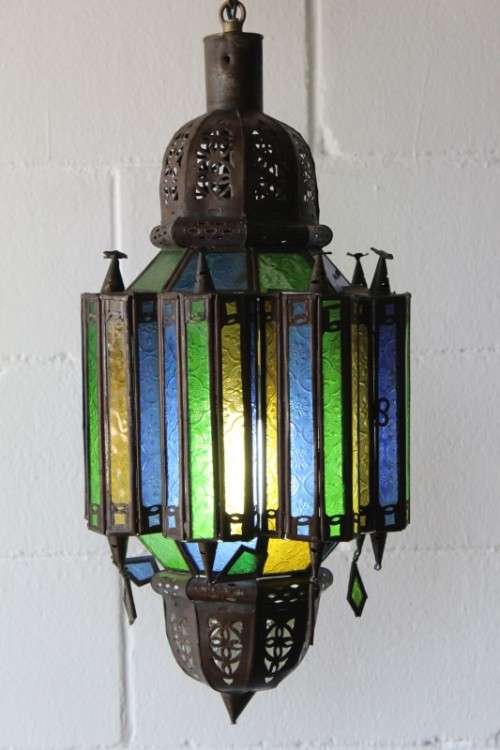 2x exquisite (large 53cm) Moroccan/ North African handmade ceiling lights w/ glass panels -bid/light