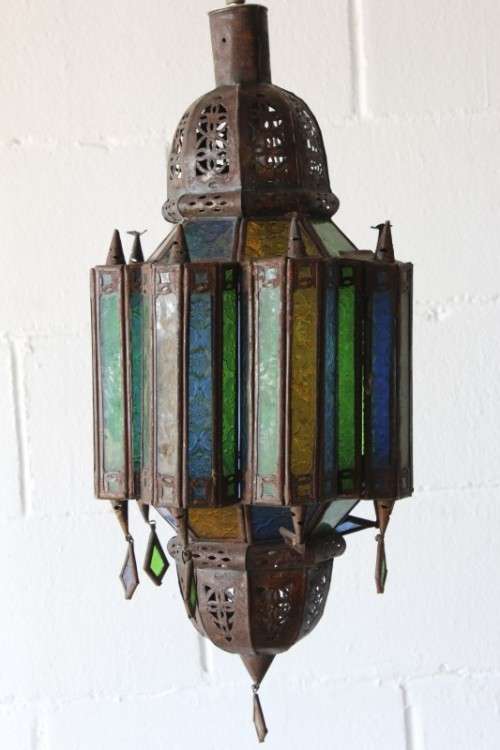 2x exquisite (large 53cm) Moroccan/ North African handmade ceiling lights w/ glass panels -bid/light