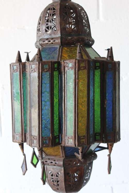 2x exquisite (large 53cm) Moroccan/ North African handmade ceiling lights w/ glass panels -bid/light