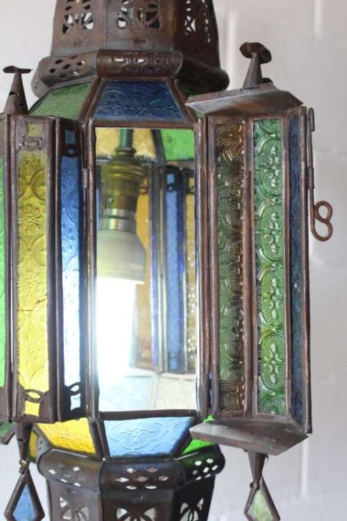 2x exquisite (large 53cm) Moroccan/ North African handmade ceiling lights w/ glass panels -bid/light