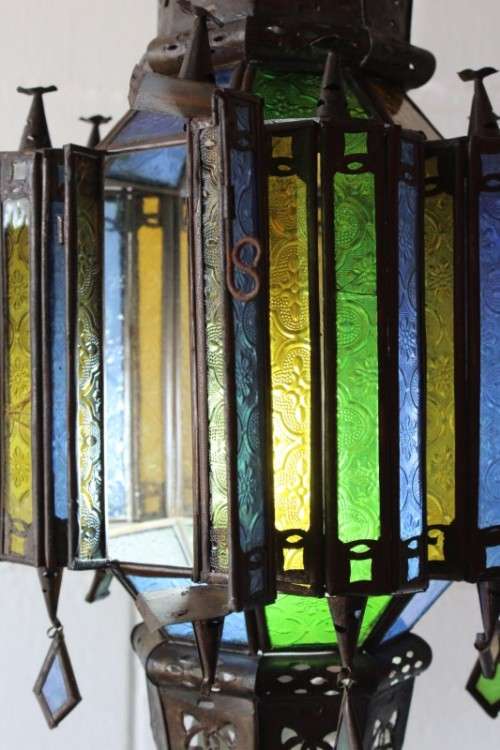 2x exquisite (large 53cm) Moroccan/ North African handmade ceiling lights w/ glass panels -bid/light