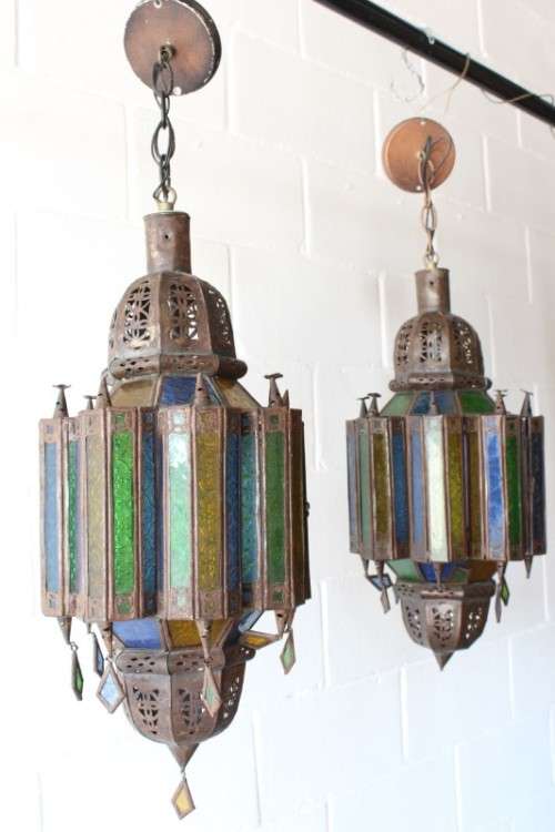 2x exquisite (large 53cm) Moroccan/ North African handmade ceiling lights w/ glass panels -bid/light