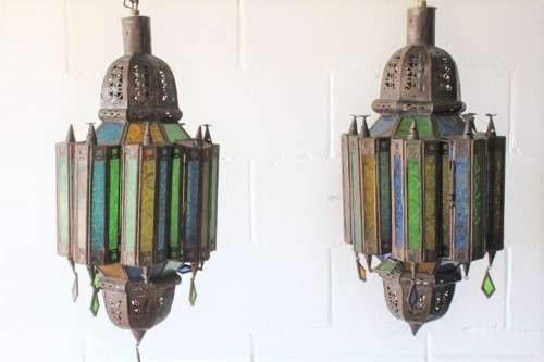 2x exquisite (large 53cm) Moroccan/ North African handmade ceiling lights w/ glass panels -bid/light
