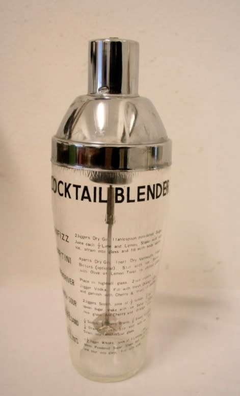 **RS17** A pair of vintage glass cocktail shakers w printed cocktail recipes & measurements markings