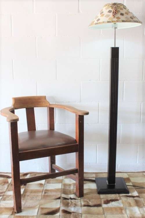 A superb tall mahogany floor lamp with gorgeous mosaic and bead clad lampshade