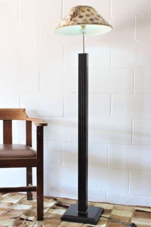 A superb tall mahogany floor lamp with gorgeous mosaic and bead clad lampshade