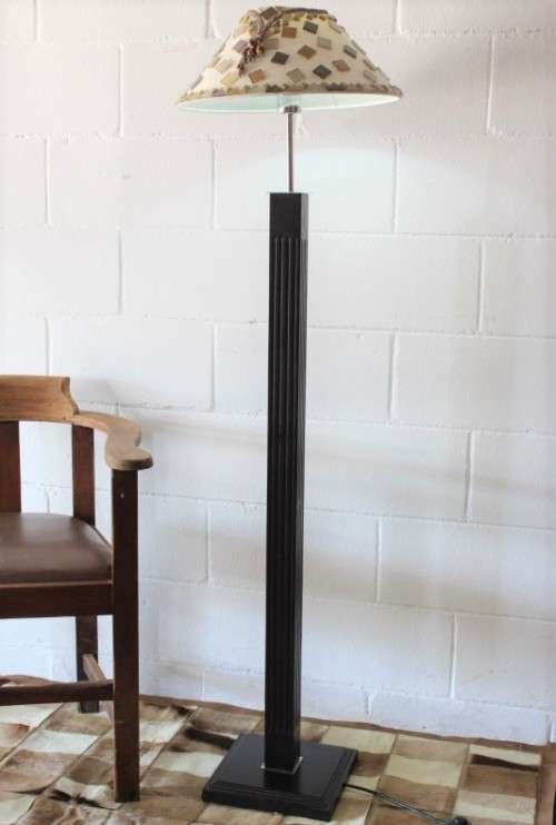 A superb tall mahogany floor lamp with gorgeous mosaic and bead clad lampshade