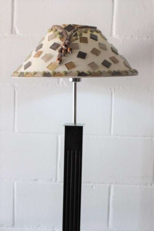 A superb tall mahogany floor lamp with gorgeous mosaic and bead clad lampshade