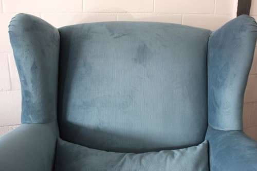 Two superb large top-end wing-back armchairs upholstered in a quality blue fabric - price per chair