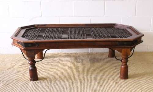 Magnificent larger solid Balinese Teak metal/ iron grate-top centre coffee table w/ substantial legs