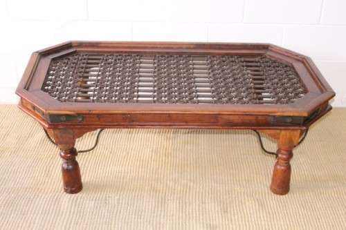 Magnificent larger solid Balinese Teak metal/ iron grate-top centre coffee table w/ substantial legs
