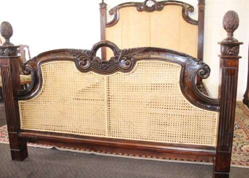 A magnificent antique "French Cane" King Louis XVI style hand carved solid Rosewood king-size bed