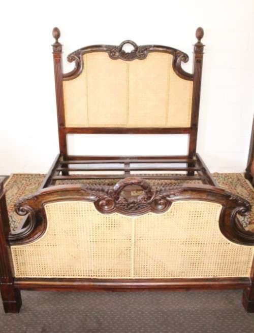 A magnificent antique "French Cane" King Louis XVI style hand carved solid Rosewood king-size bed