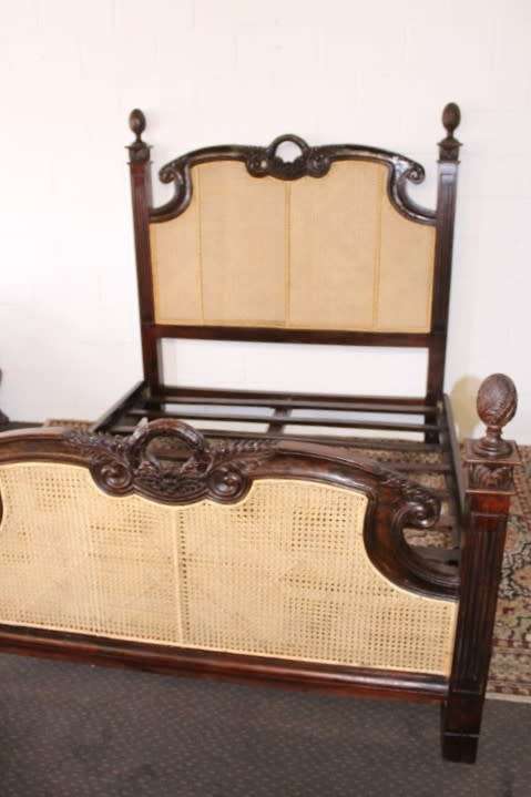 A magnificent antique "French Cane" King Louis XVI style hand carved solid Rosewood king-size bed