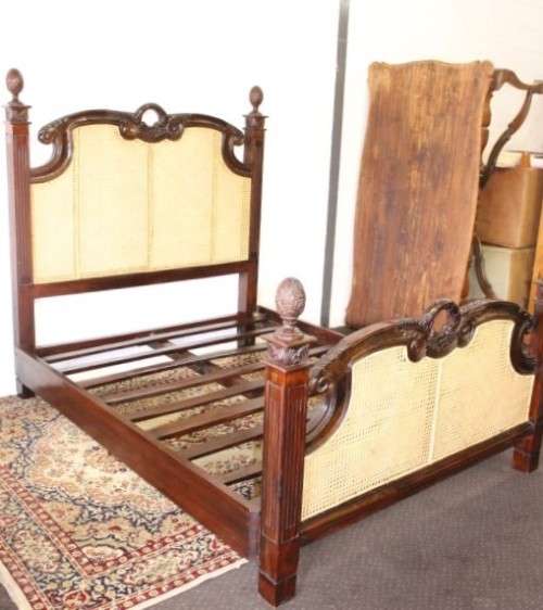 A magnificent antique "French Cane" King Louis XVI style hand carved solid Rosewood king-size bed