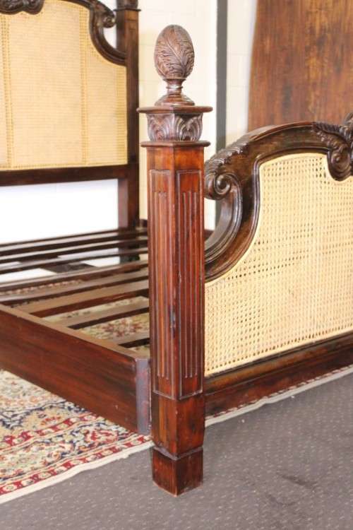 A magnificent antique "French Cane" King Louis XVI style hand carved solid Rosewood king-size bed