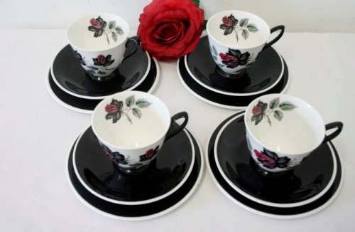An exceptionally rare vintage "Royal Albert" fine bone china "Masquerade" pattern trio. price/trio