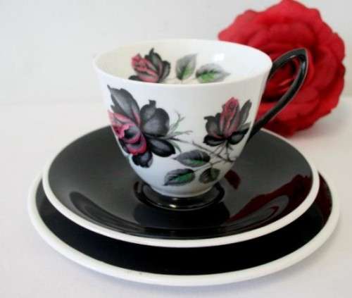 An exceptionally rare vintage "Royal Albert" fine bone china "Masquerade" pattern trio. price/trio