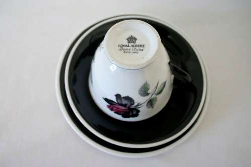 An exceptionally rare vintage "Royal Albert" fine bone china "Masquerade" pattern trio. price/trio