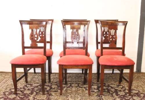 **RS17** A beautiful set of six carved mahogany lyre-back dining chairs with upholstered seats